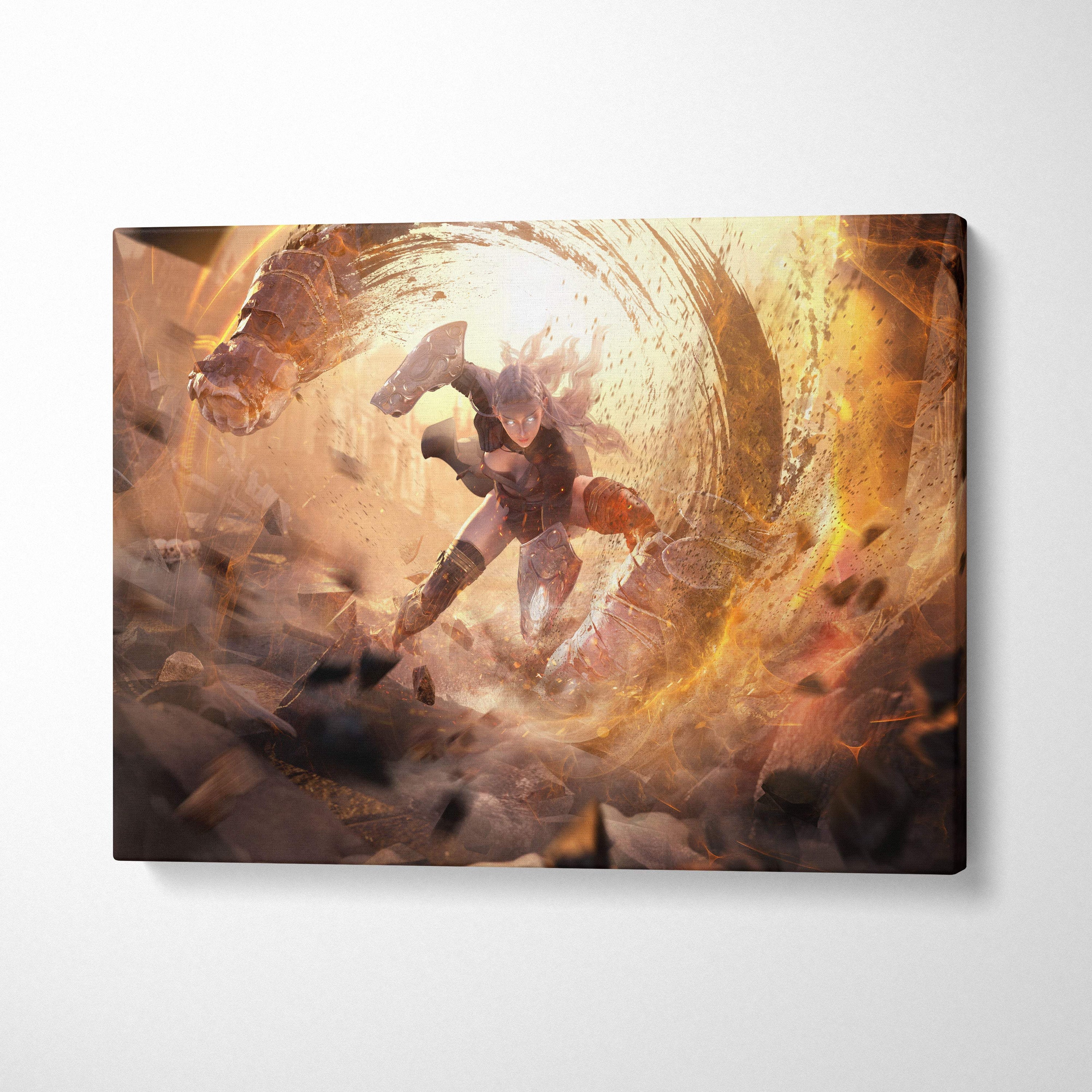 Epic valkyrie warrior canvas art showing a dark armored knight leaping through a golden orange energy vortex