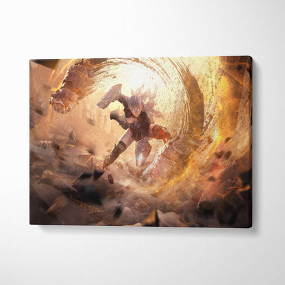 Epic valkyrie warrior canvas art showing a dark armored knight leaping through a golden orange energy vortex