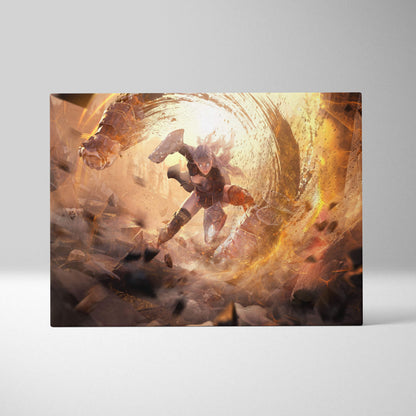 A rectangular canvas print featuring an epic valkyrie warrior surrounded by fiery golden energy in a dark fantasy scene