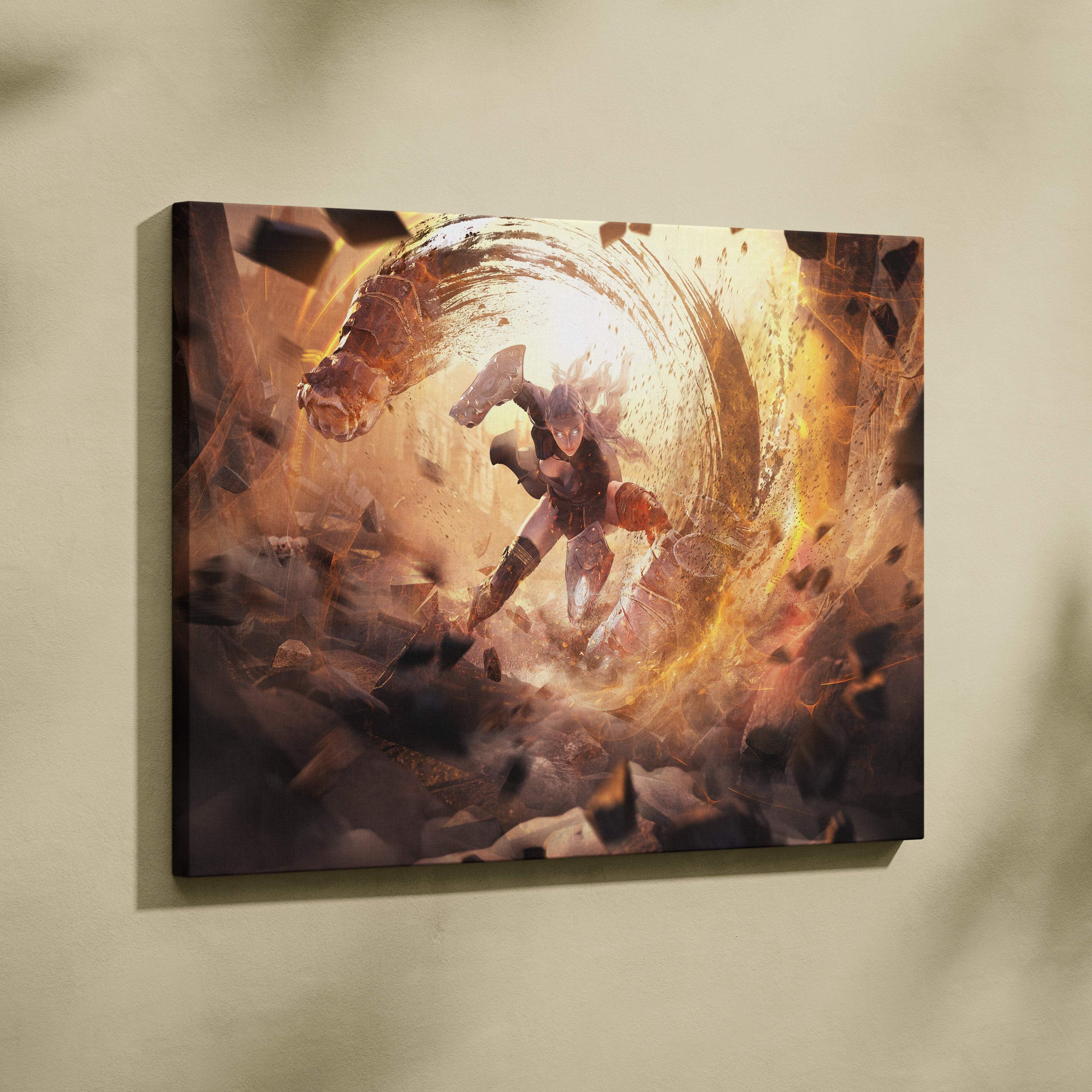 Dynamic canvas print of epic valkyrie warrior mid-action with golden energy shockwave and flying debris in dark fantasy scene
