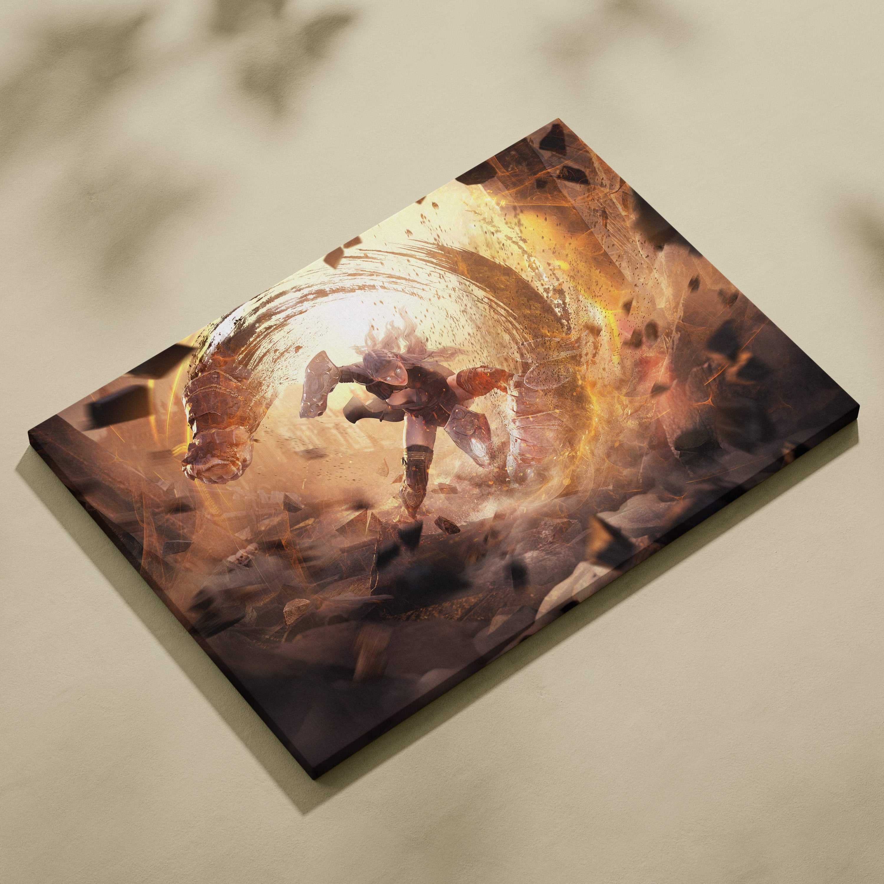 Rectangular canvas print featuring an epic valkyrie warrior surrounded by glowing golden energy and shattered debris in a dark fantasy scene