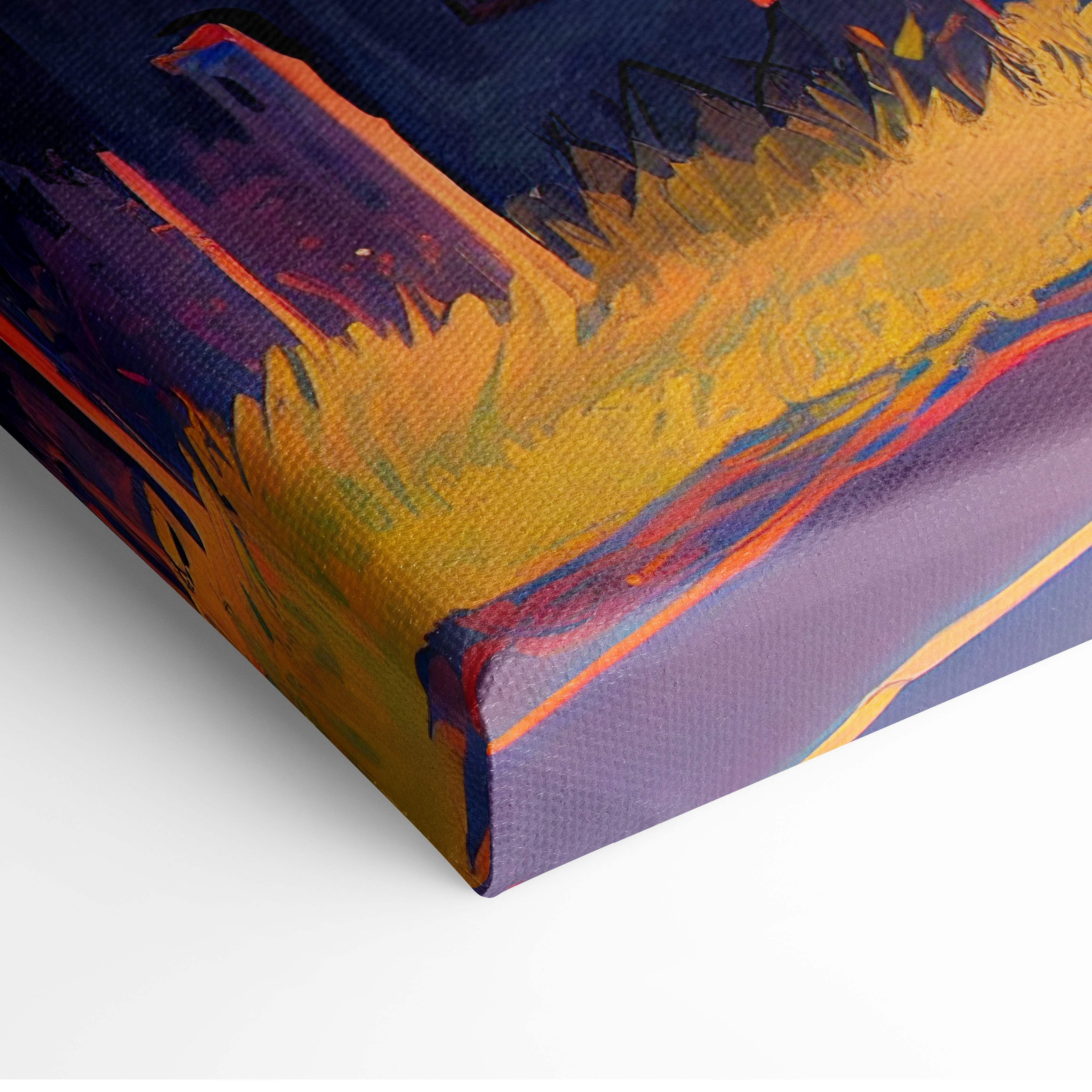Vibrant abstract stormy rural road canvas art with bold yellow orange and deep purple strokes on textured fabric surface
