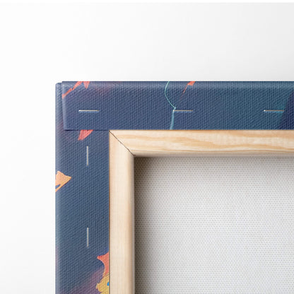 Stormy rural road canvas art with navy blue canvas, abstract orange and teal brushstrokes in light wood frame