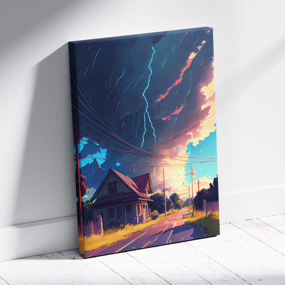 Vibrant canvas print of stormy rural road with lightning sky and colorful clouds above quaint countryside house landscape