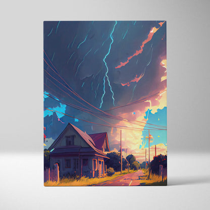 Stylized canvas print of a countryside house under vibrant lightning and colorful dramatic clouds in a stormy sky