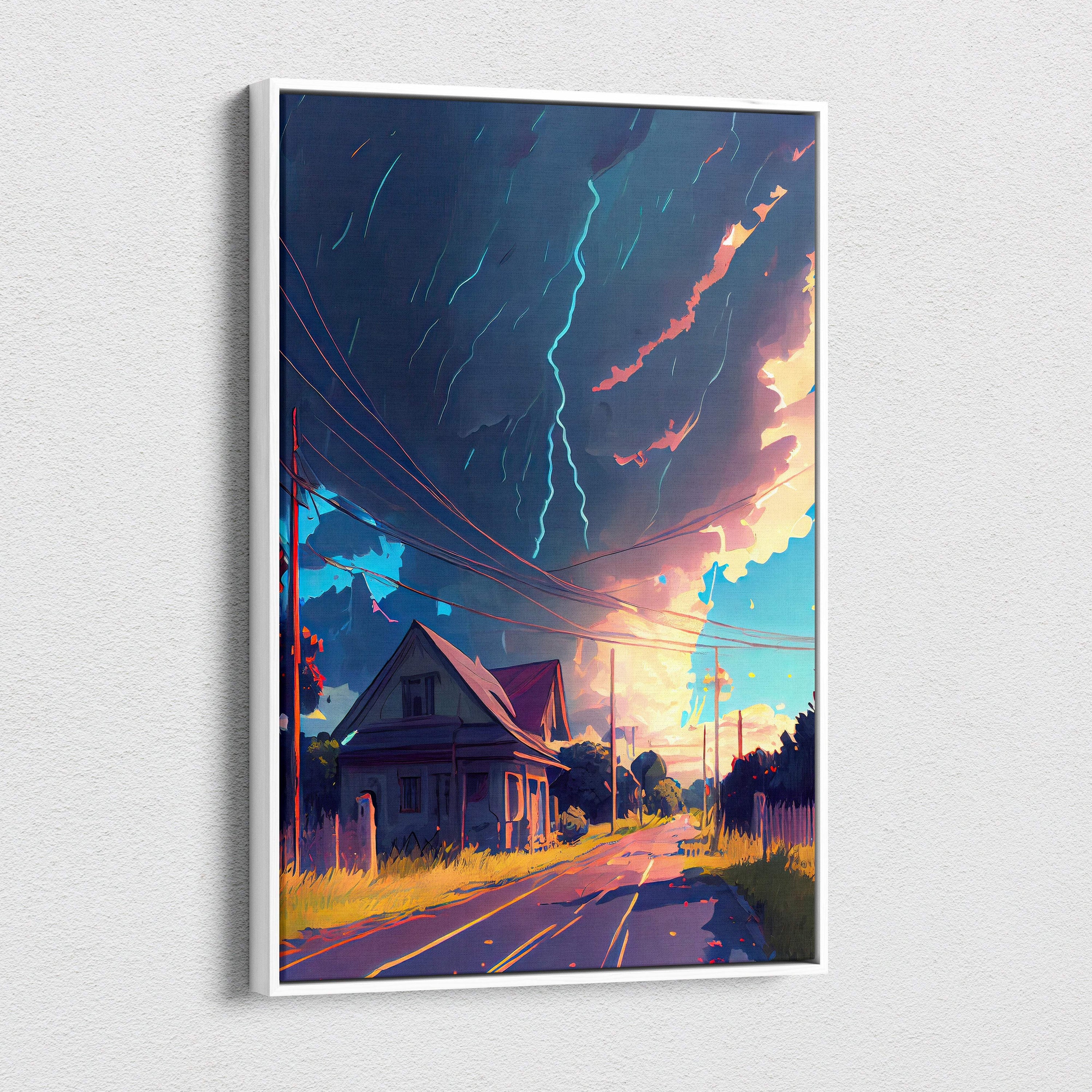 A framed digital canvas art of a countryside house under stormy sky with vivid lightning and colorful clouds