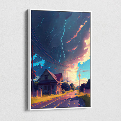 A framed digital canvas art of a countryside house under stormy sky with vivid lightning and colorful clouds