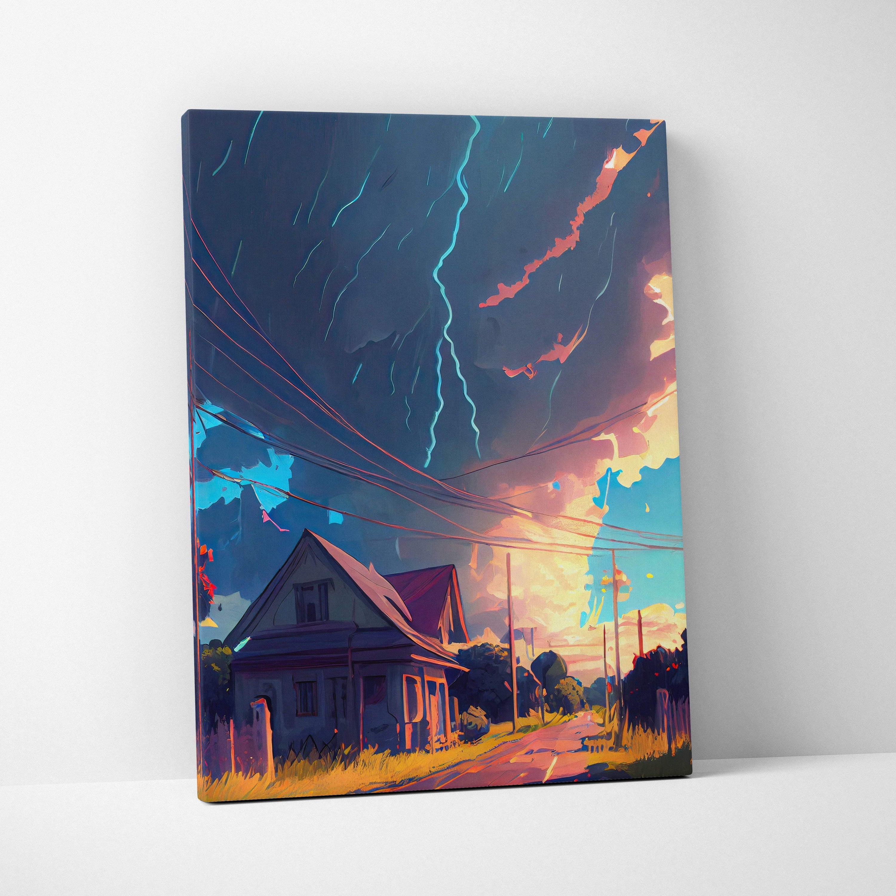 A vibrant stormy rural road canvas print with lightning colorful skies and a countryside house landscape