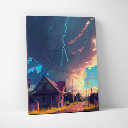 A vibrant stormy rural road canvas print with lightning colorful skies and a countryside house landscape