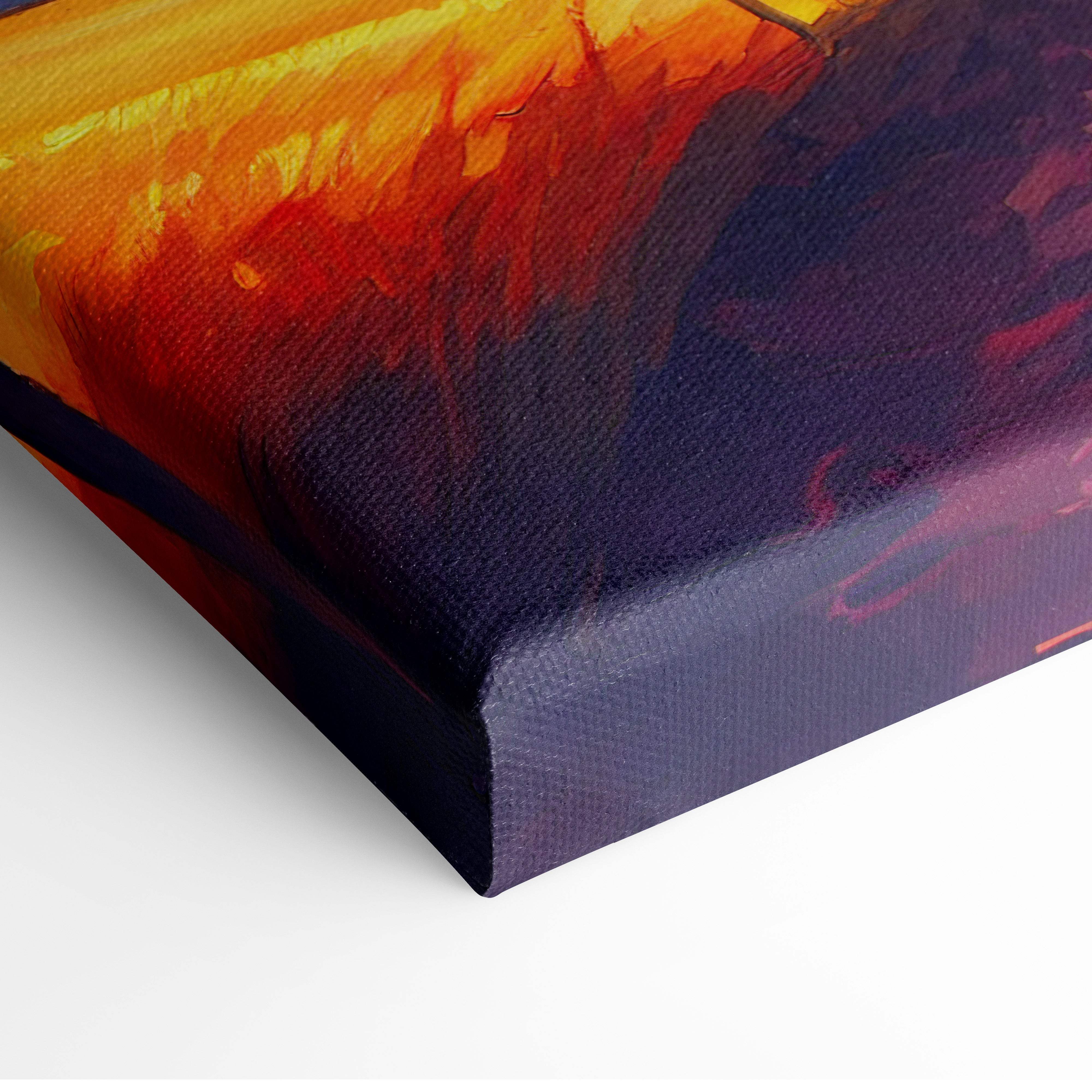 Vibrant abstract canvas painting with bold orange red and deep purple brushstrokes on textured linen for wall decor