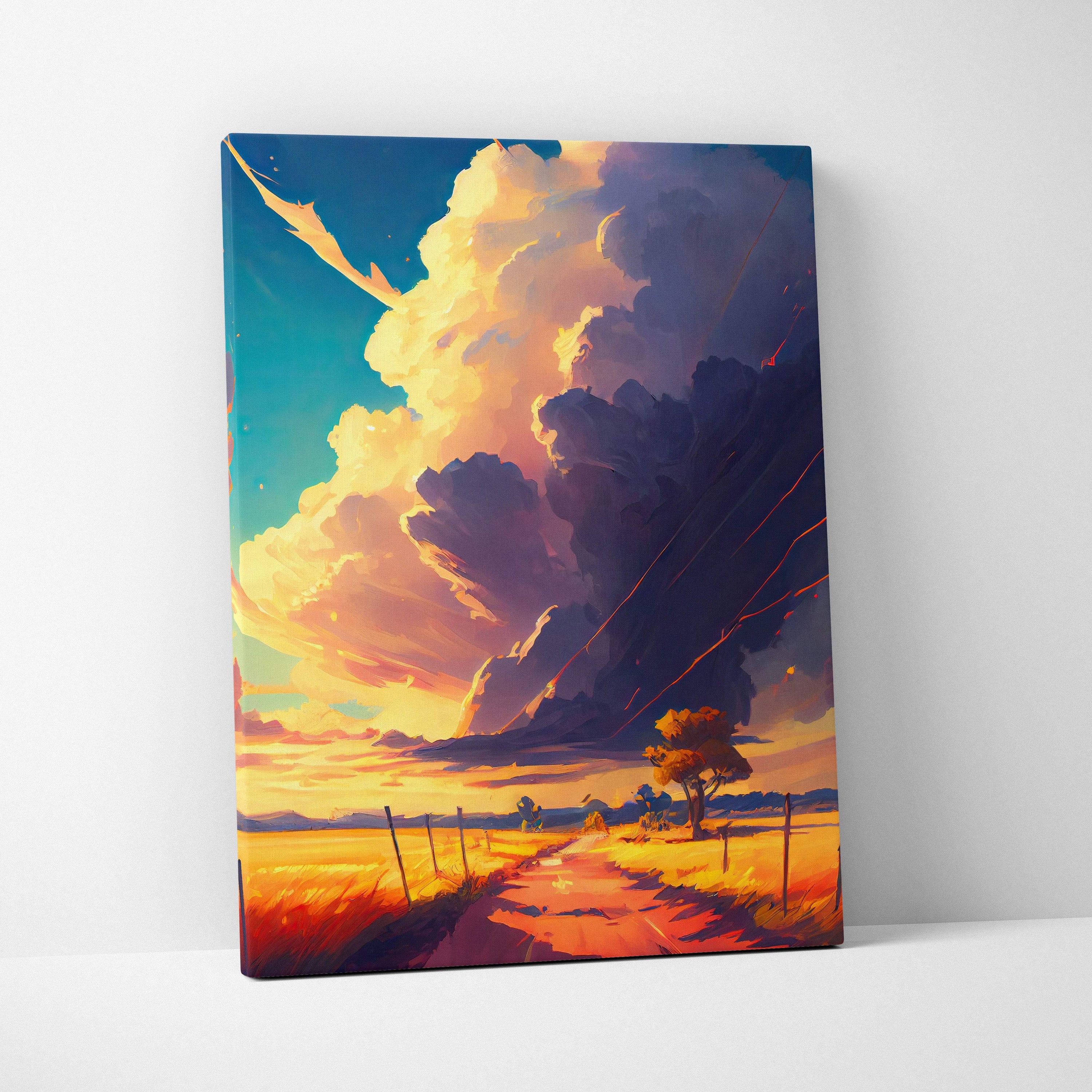 Vibrant digital canvas print of a dramatic sunset with swirling orange and purple clouds above a golden field path