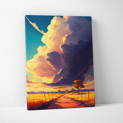 Vibrant digital canvas print of a dramatic sunset with swirling orange and purple clouds above a golden field path