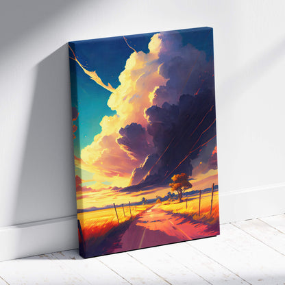 Vibrant canvas print of a surreal sunset landscape with dramatic clouds and a winding colorful countryside road