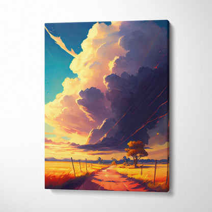 Vibrant canvas print of a dramatic golden and purple sky over a sunlit rural road in a colorful countryside landscape
