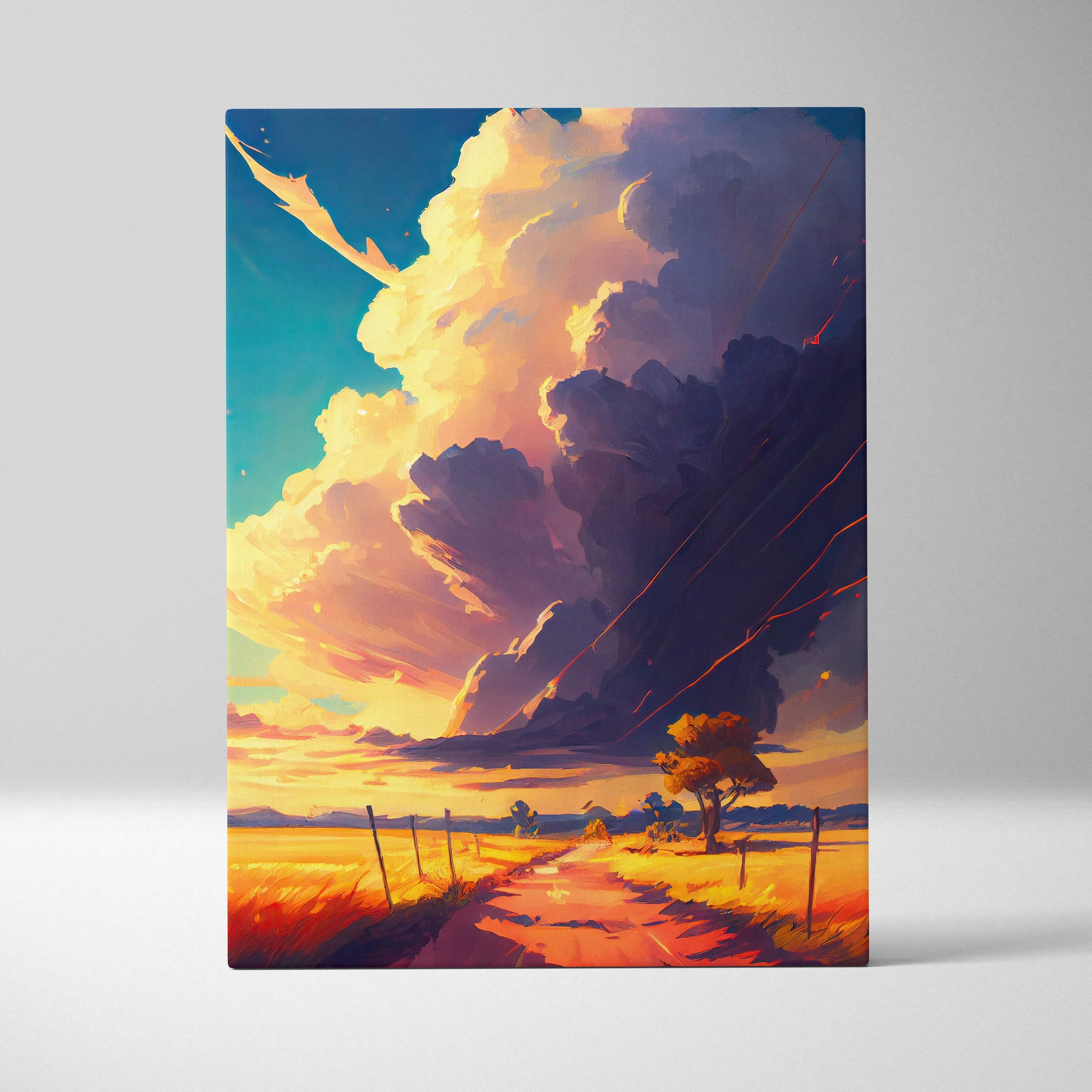 Vibrant digital art canvas featuring a dramatic sunset sky with swirling orange and purple clouds above a golden field path