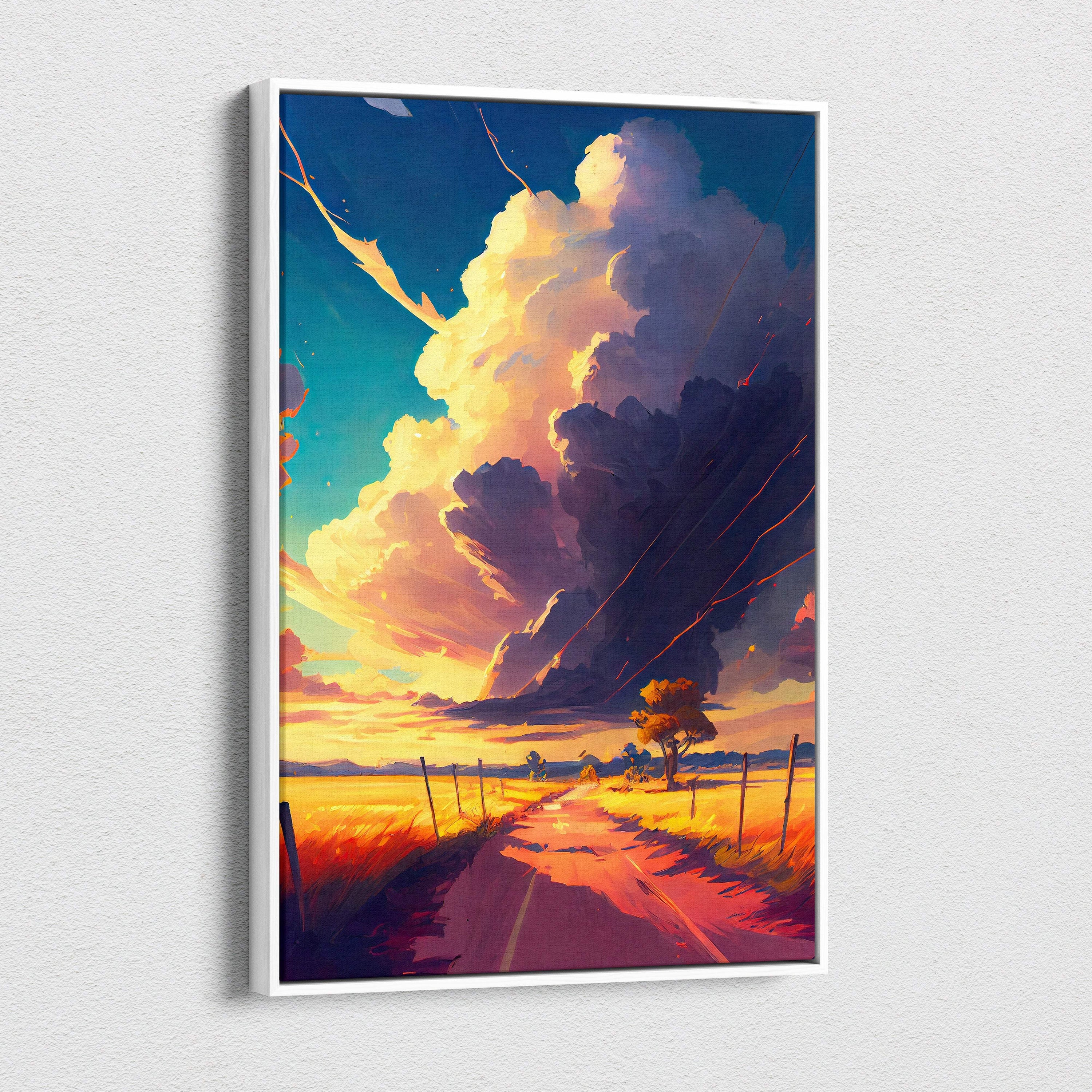 A framed digital canvas art showing a vibrant sunset sky over golden fields and a colorful countryside road landscape