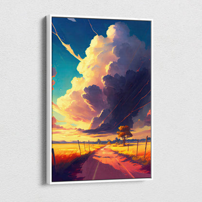 A framed digital canvas art showing a vibrant sunset sky over golden fields and a colorful countryside road landscape