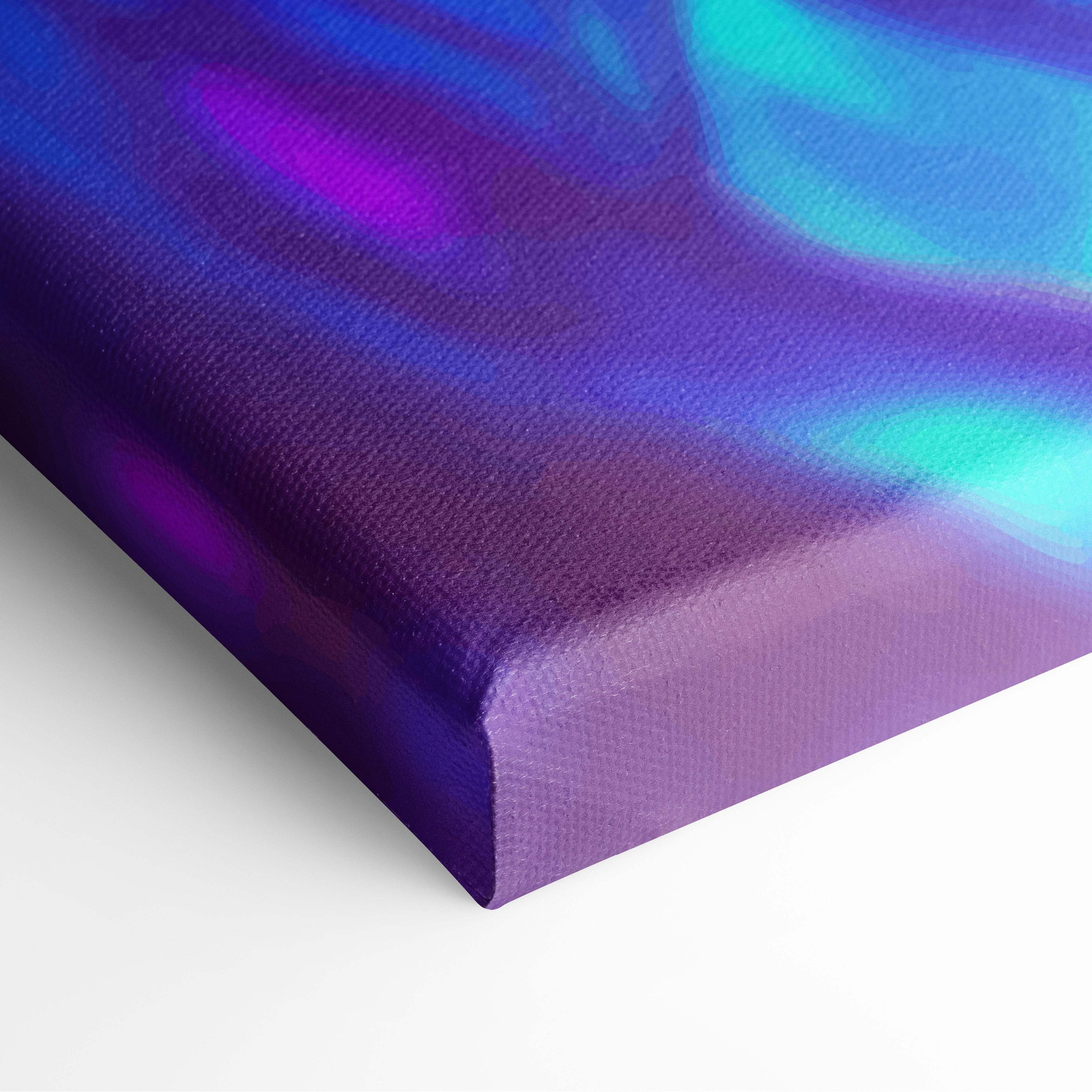 Neon anime eyes canvas wall art print with vibrant iridescent purple blue and teal swirling gradients for gaming room decor