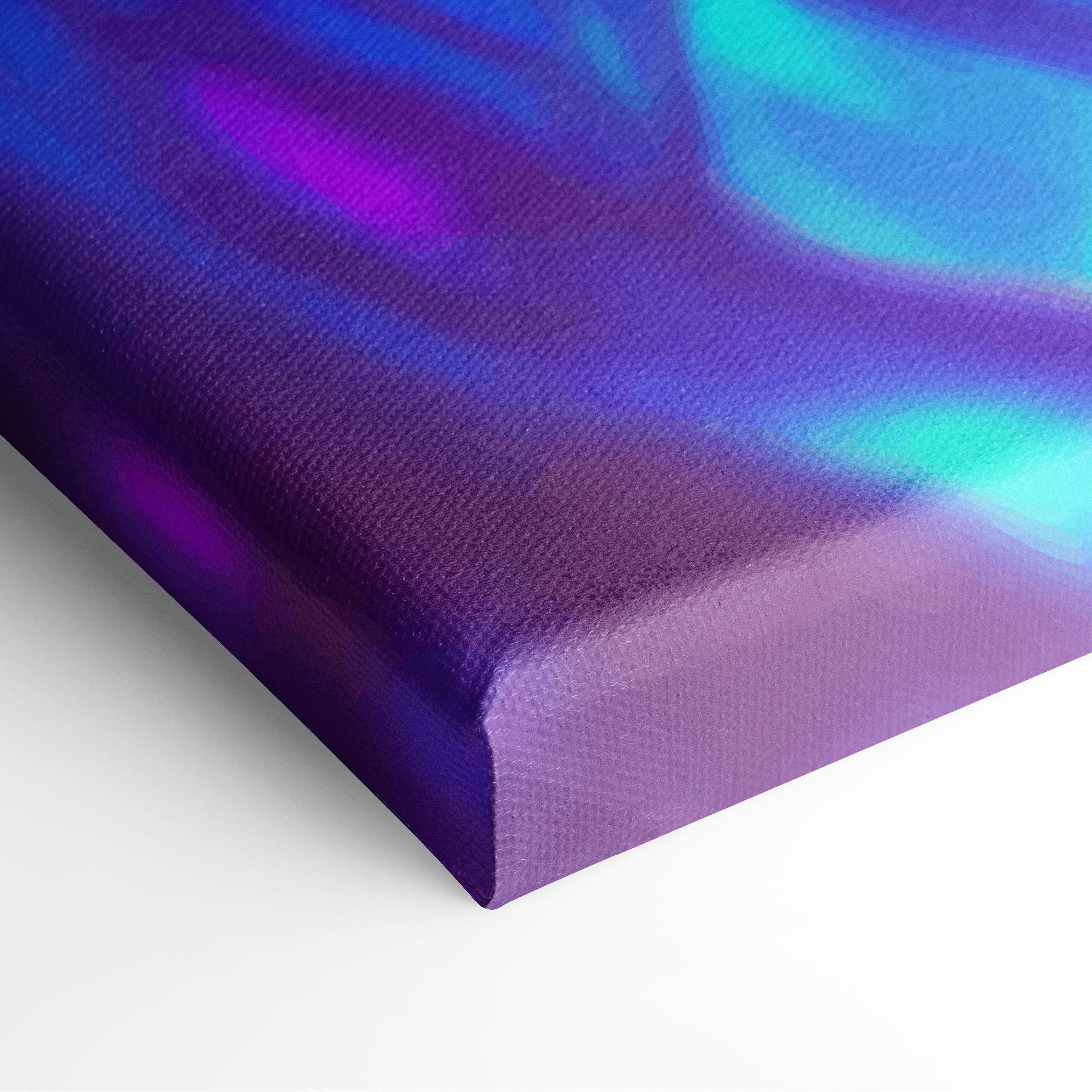 Neon anime eyes canvas wall art print with vibrant iridescent purple blue and teal swirling gradients for gaming room decor