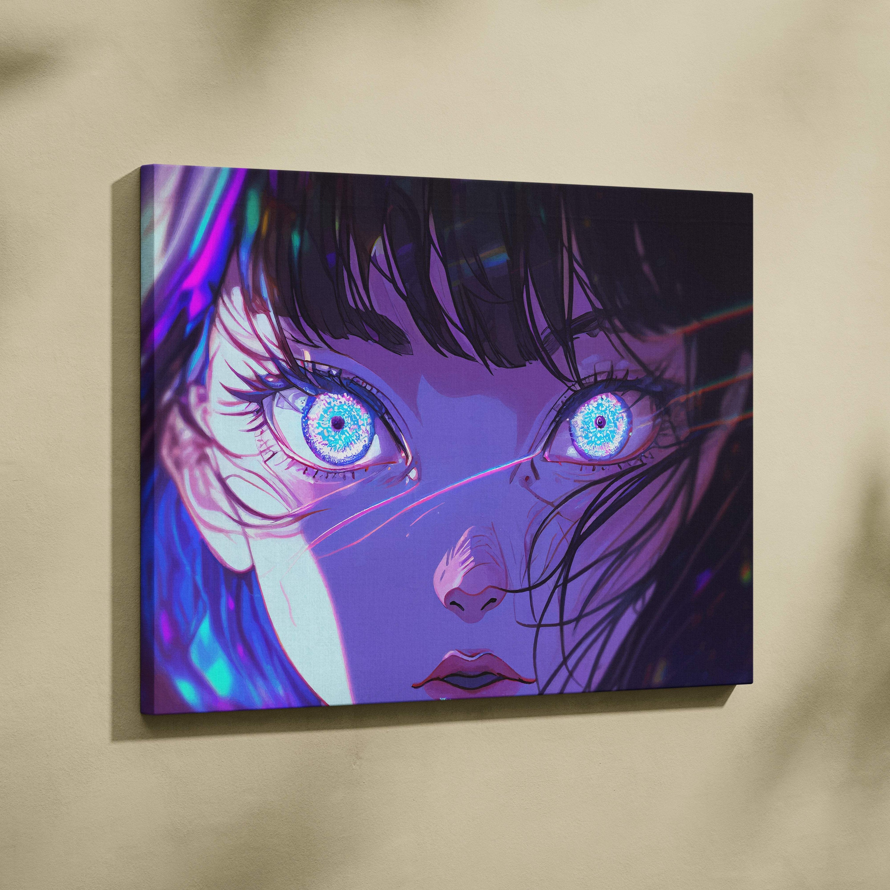 Neon anime eyes canvas wall art print featuring a close-up purple blue cyberpunk girl on stretched fabric for gaming rooms