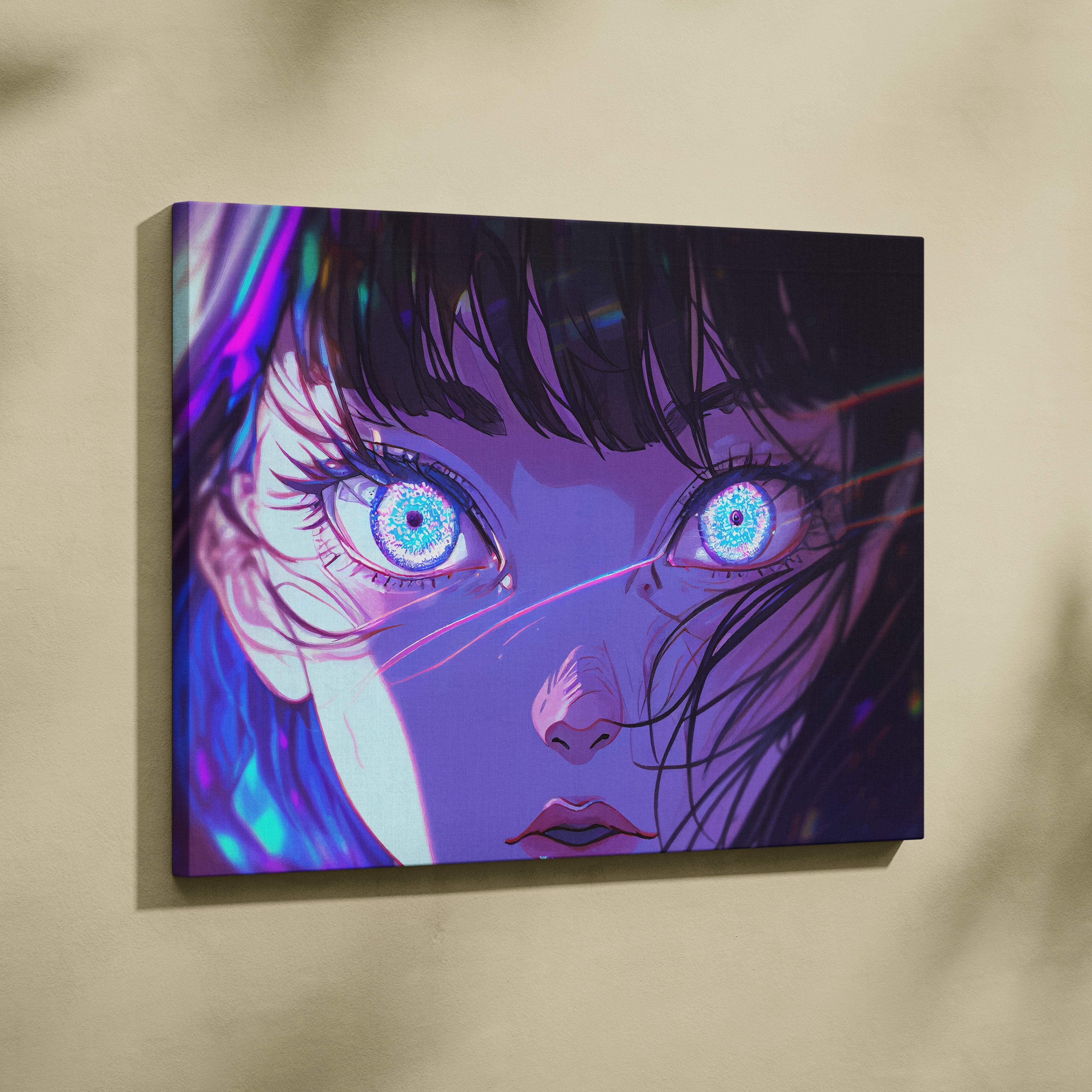 Neon anime eyes canvas wall art print featuring a close-up purple blue cyberpunk girl on stretched fabric for gaming rooms