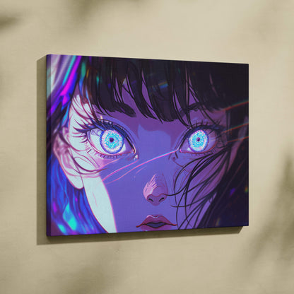 Neon anime eyes canvas wall art print featuring a close-up purple blue cyberpunk girl on stretched fabric for gaming rooms