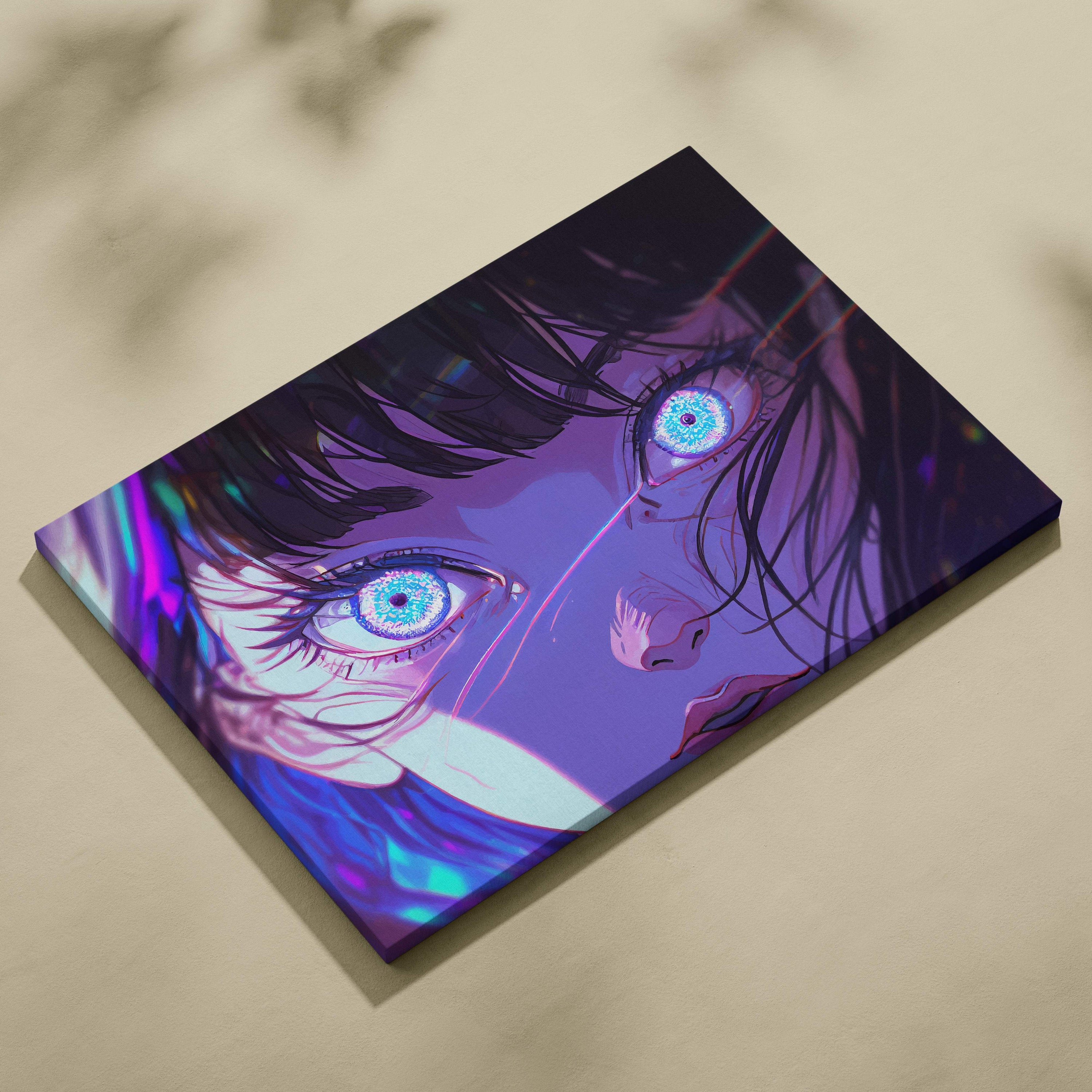 Neon anime eyes canvas wall art print with vibrant purple and blue glowing eyes digital art for gaming or futuristic rooms
