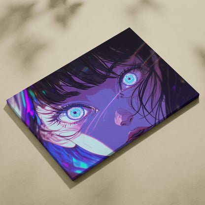 Neon anime eyes canvas wall art print with vibrant purple and blue glowing eyes digital art for gaming or futuristic rooms