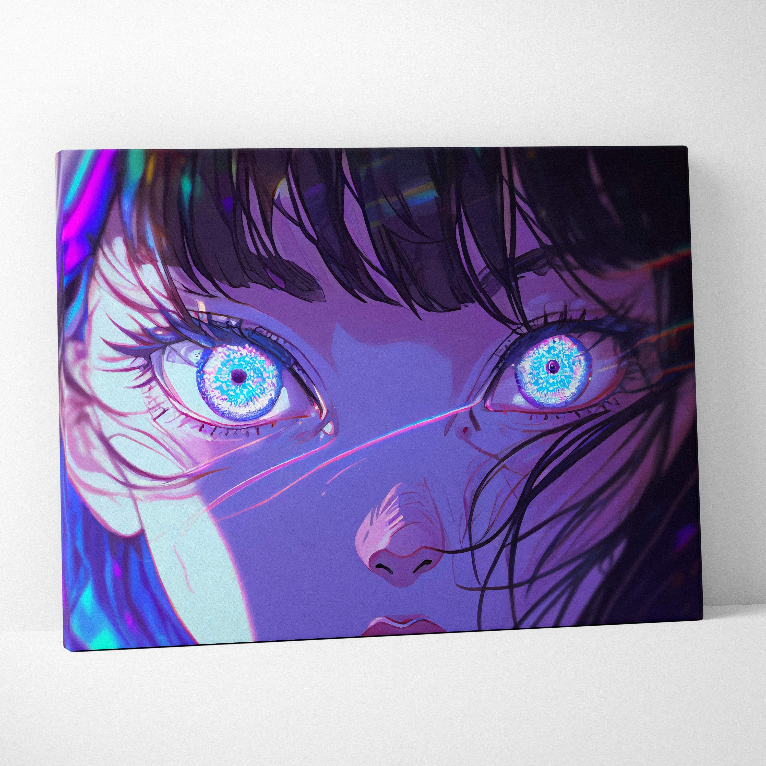 Neon anime eyes canvas wall art print featuring glowing blue irises on a purple neon cyberpunk girl face for gaming rooms