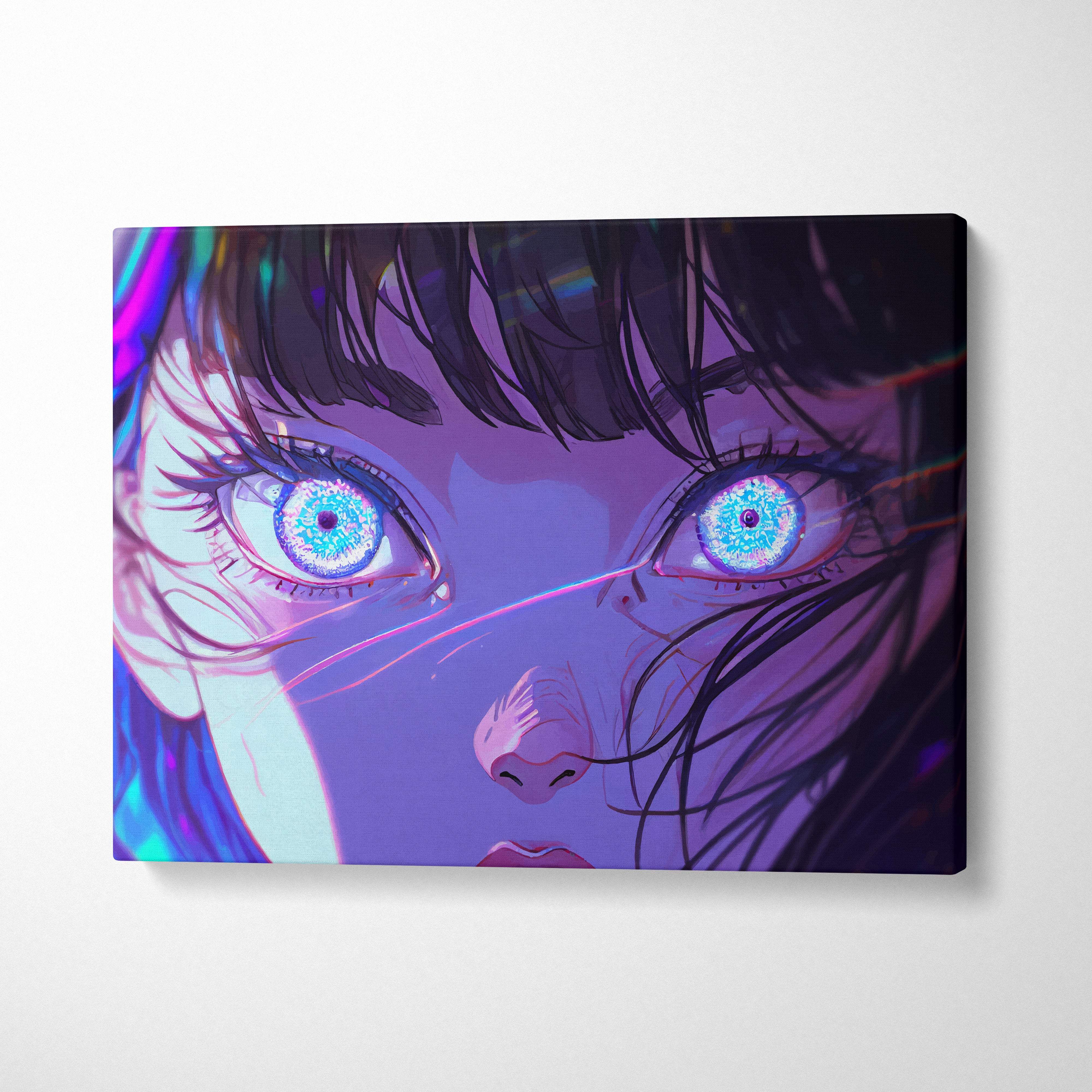 Neon anime eyes canvas wall art print showing glowing blue eyes with intricate patterns on a purple pink gradient background