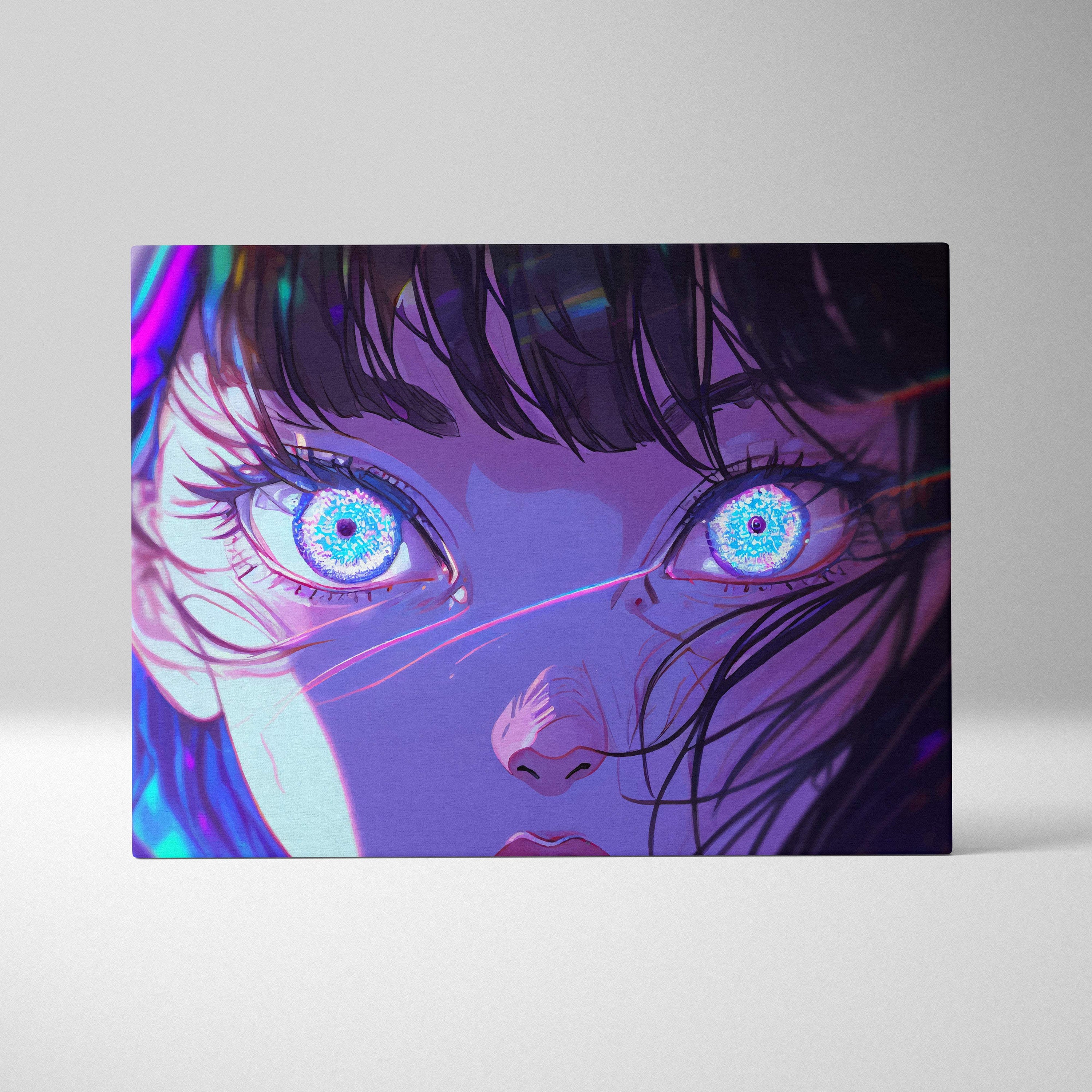 Neon anime eyes canvas wall art print with vibrant pink and blue glowing eyes in cyberpunk style for gaming room decor
