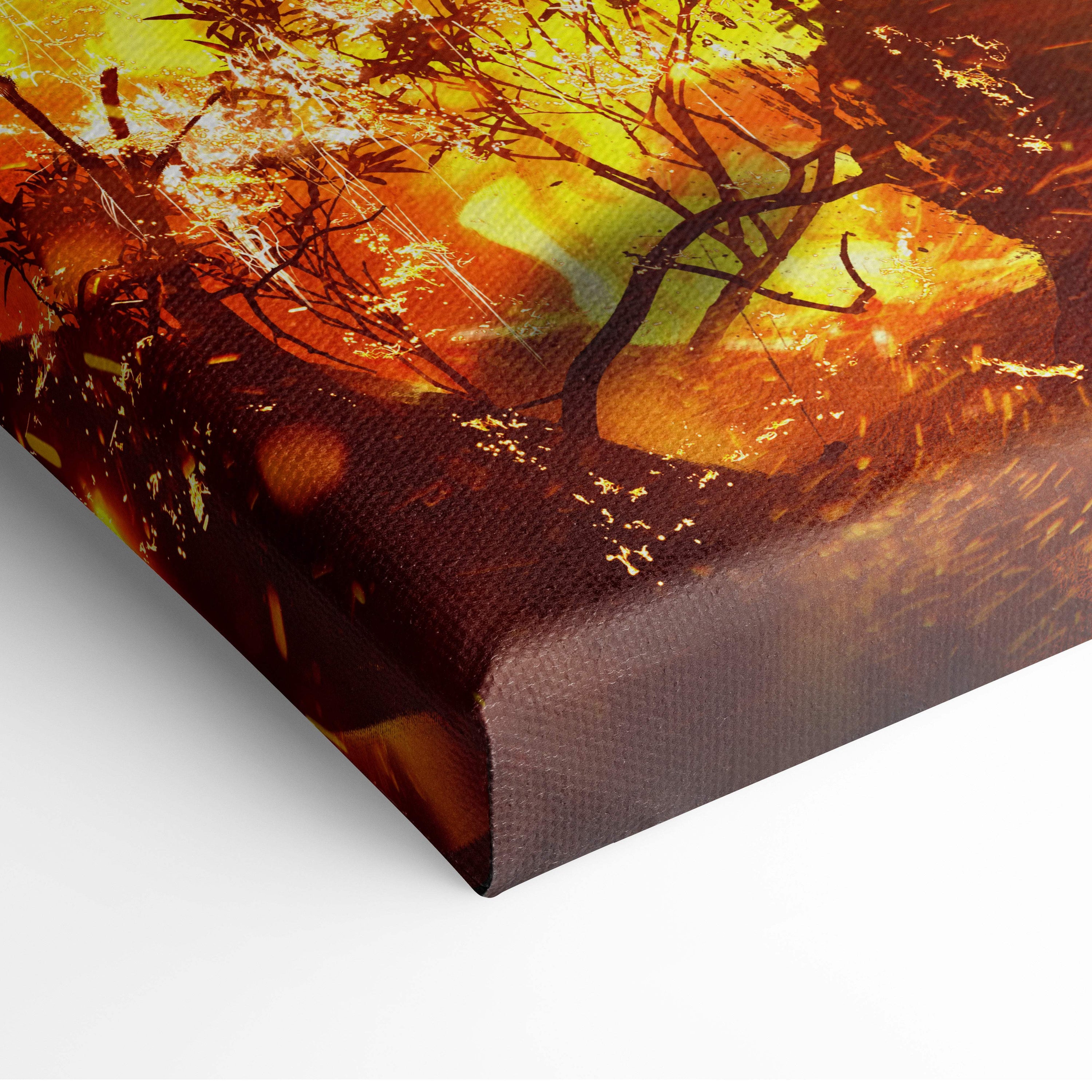 Vibrant canvas print of bare tree branches against fiery orange and yellow sunset for inferno shadow huntress wall art