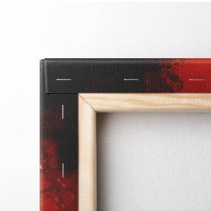 Inferno shadow huntress canvas wall art with red abstract fiery glow in minimalist wooden frame and black textured border