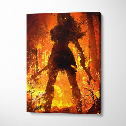 Inferno shadow huntress canvas wall art of a fiery orange and yellow burning forest with a dark female warrior and dual blades