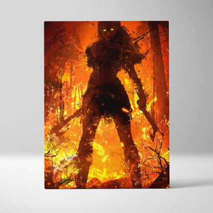 Inferno shadow huntress canvas print of dark female warrior with dual blades in fiery orange and yellow burning forest scene