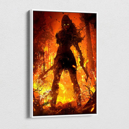 A framed canvas print of a dark female warrior with glowing yellow eyes and dual blades in a fiery forest scene