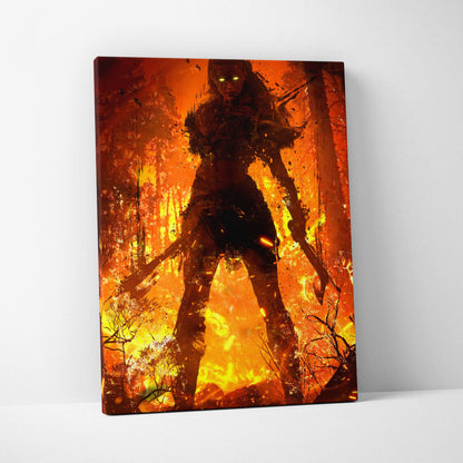 Inferno shadow huntress canvas wall art of a fiery orange warrior with glowing eyes standing amid burning trees