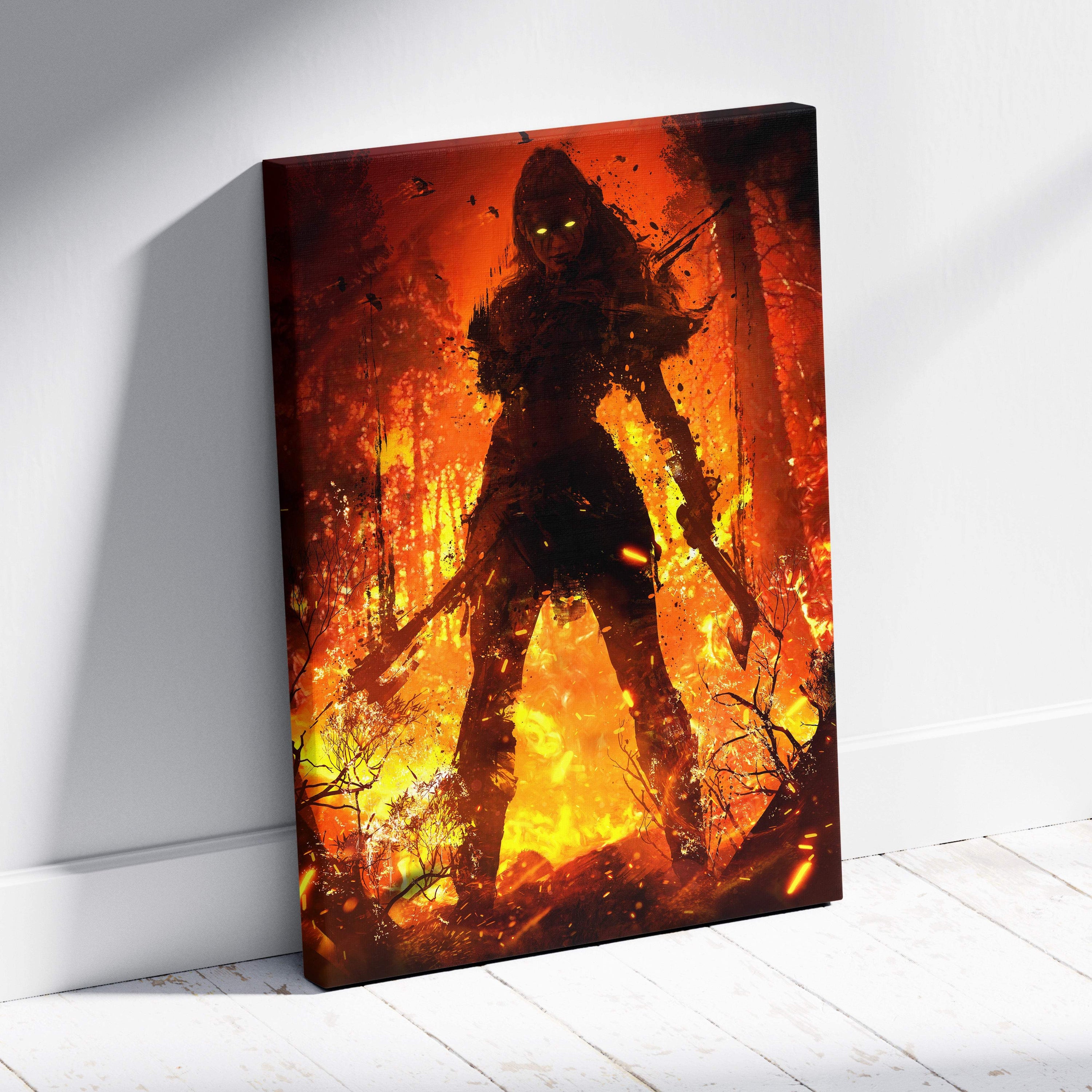 Inferno shadow huntress canvas wall art featuring a fiery orange and yellow warrior with glowing eyes amid burning trees