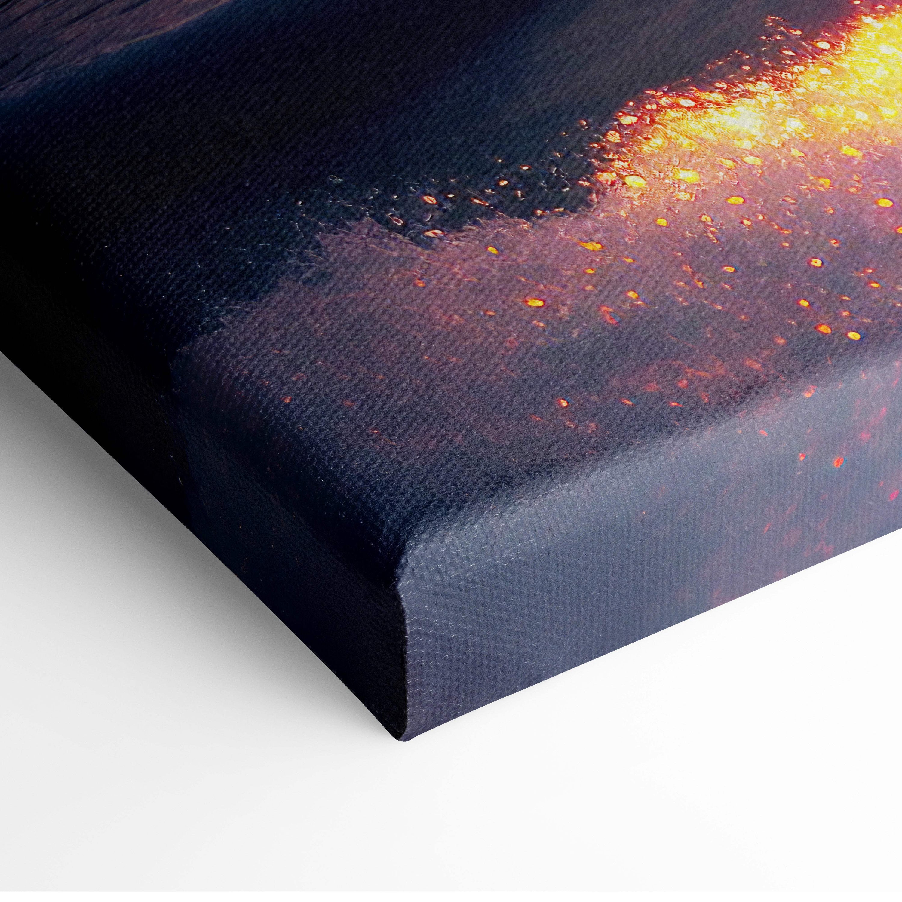 Blue pink ocean wave canvas wall art painting with fiery orange yellow sparks on dark textured background for coastal decor