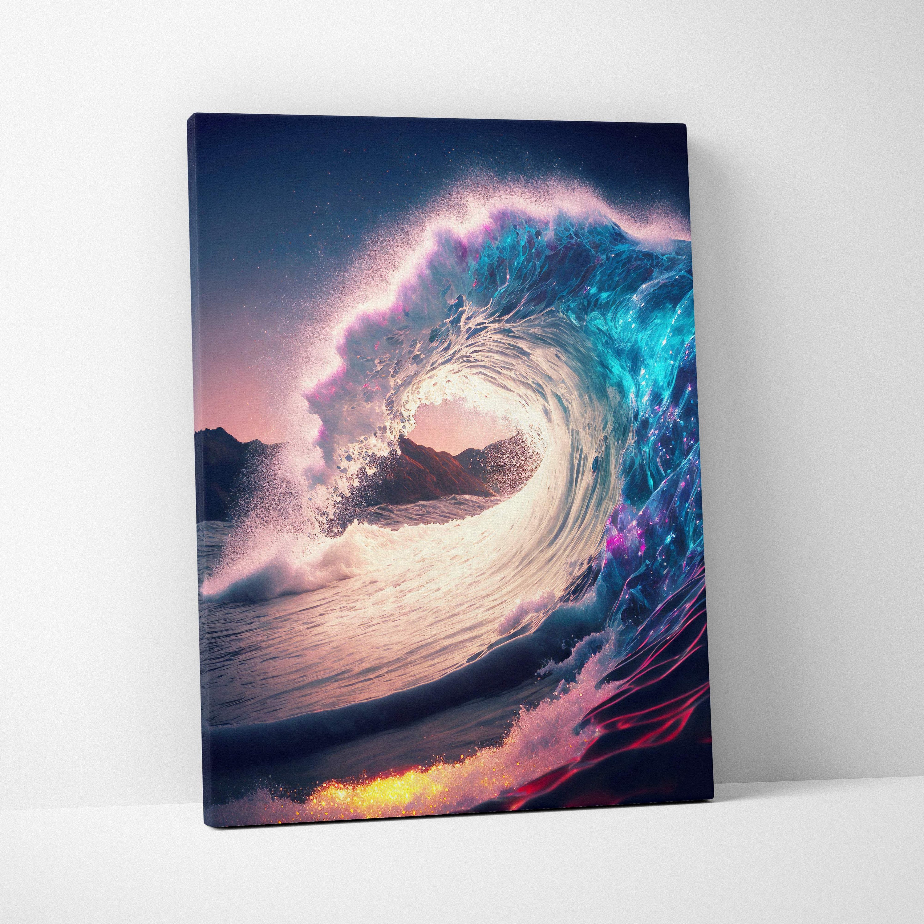 Vibrant canvas print of a swirling ocean wave in blue pink and purple neon hues for coastal wall decor