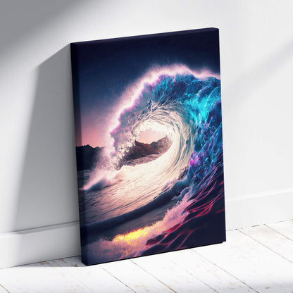 Vibrant canvas print of a swirling ocean wave in blue purple and pink hues neon coastal seascape wall art decor