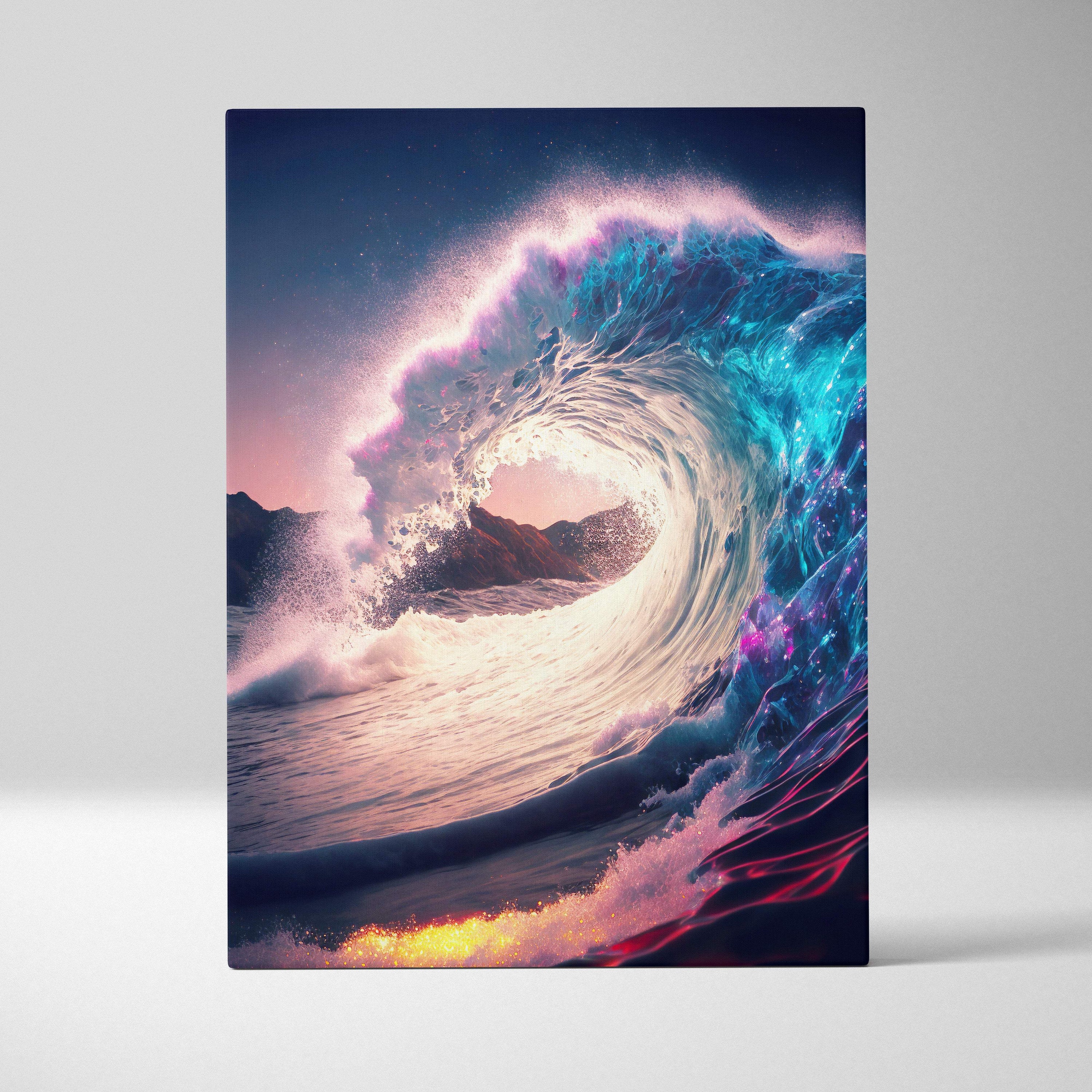 Vibrant turquoise and magenta ocean wave canvas wall art with cosmic starlight effects for coastal decor