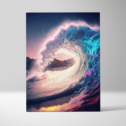 Vibrant turquoise and magenta ocean wave canvas wall art with cosmic starlight effects for coastal decor