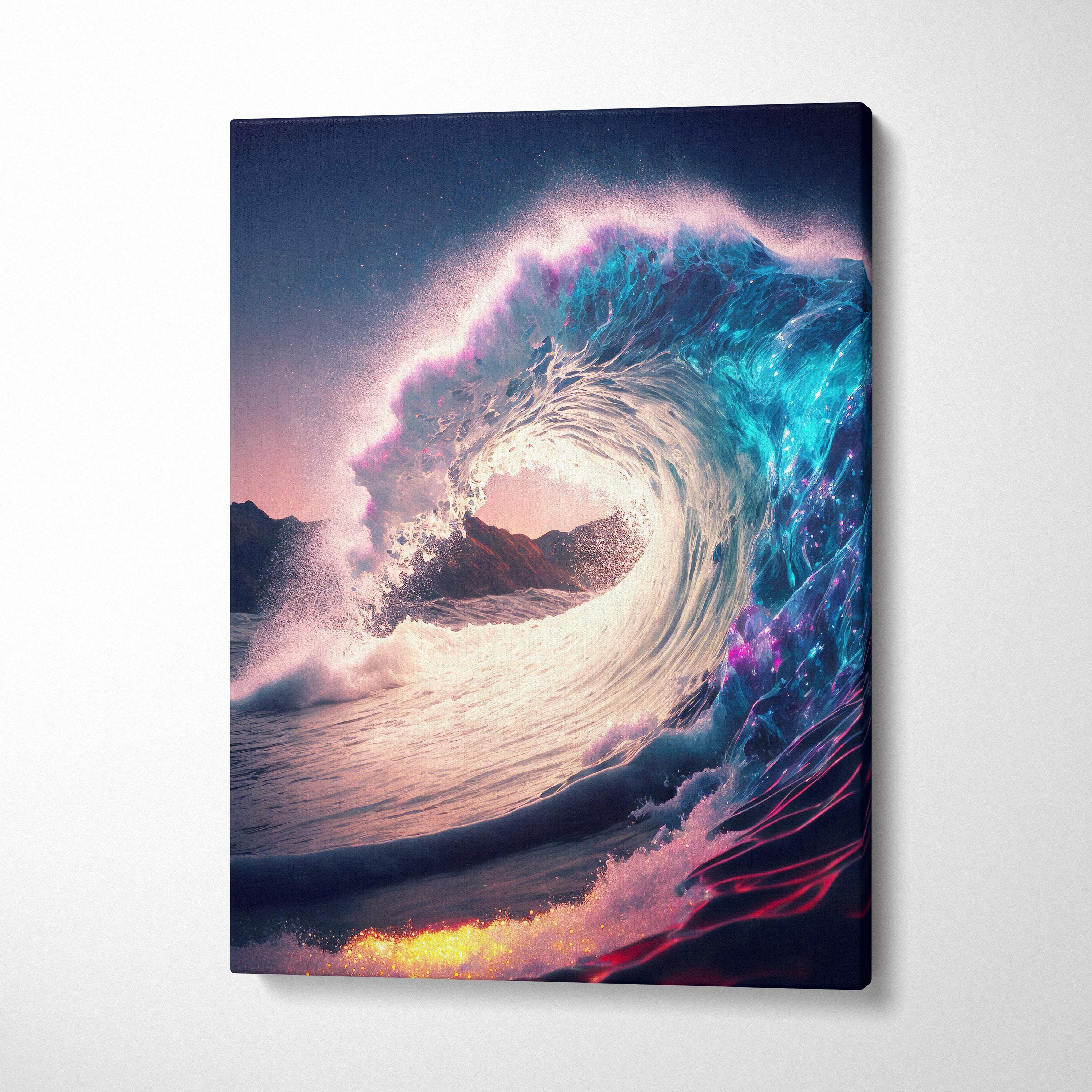 Vibrant turquoise and purple ocean wave canvas print with glowing starry effects neon coastal seascape decor