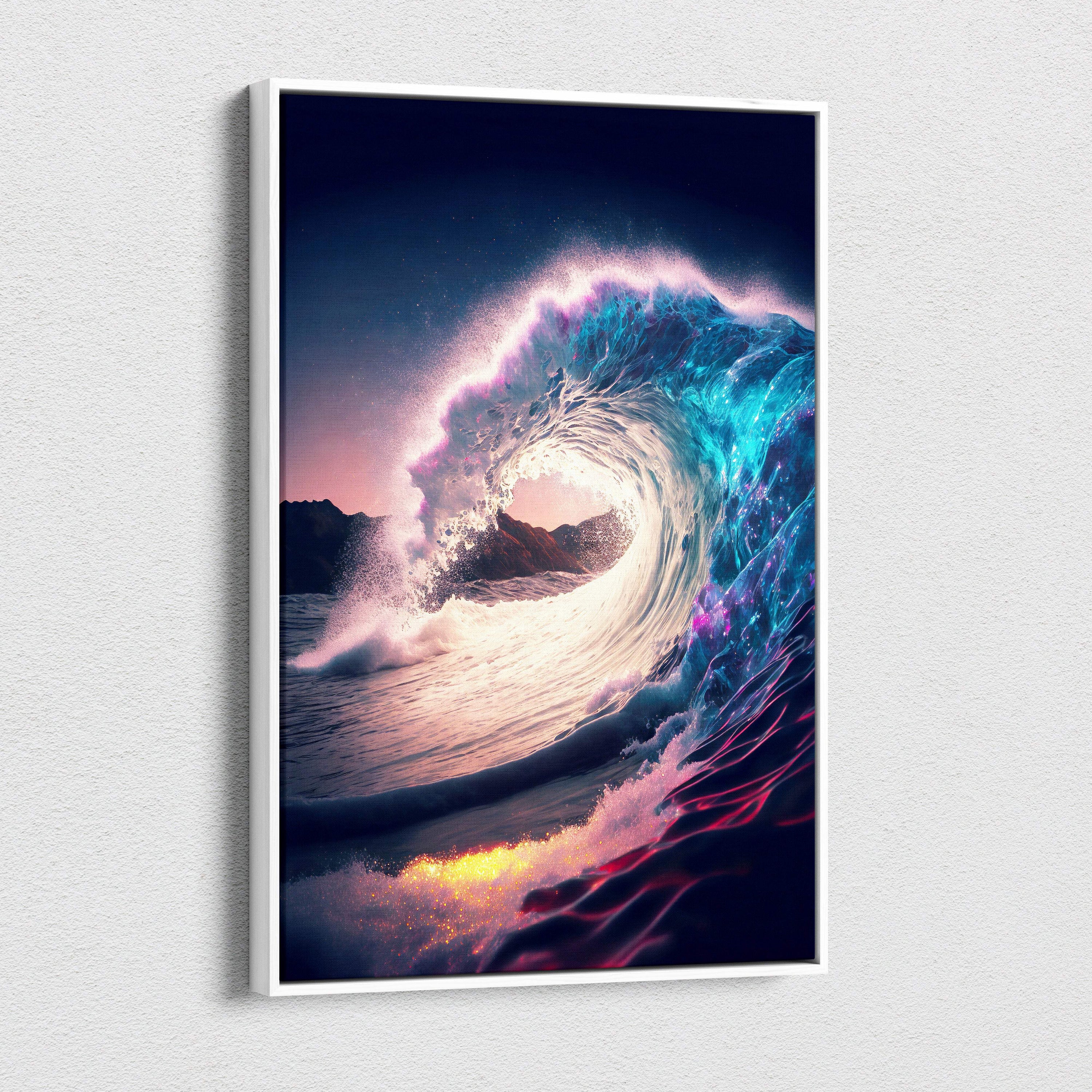 A vibrant framed canvas print of a swirling ocean wave with glowing turquoise and magenta hues for coastal decor