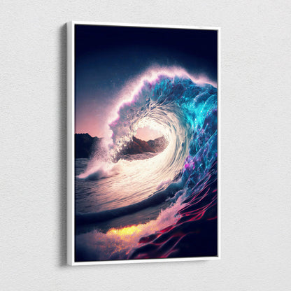 A vibrant framed canvas print of a swirling ocean wave with glowing turquoise and magenta hues for coastal decor