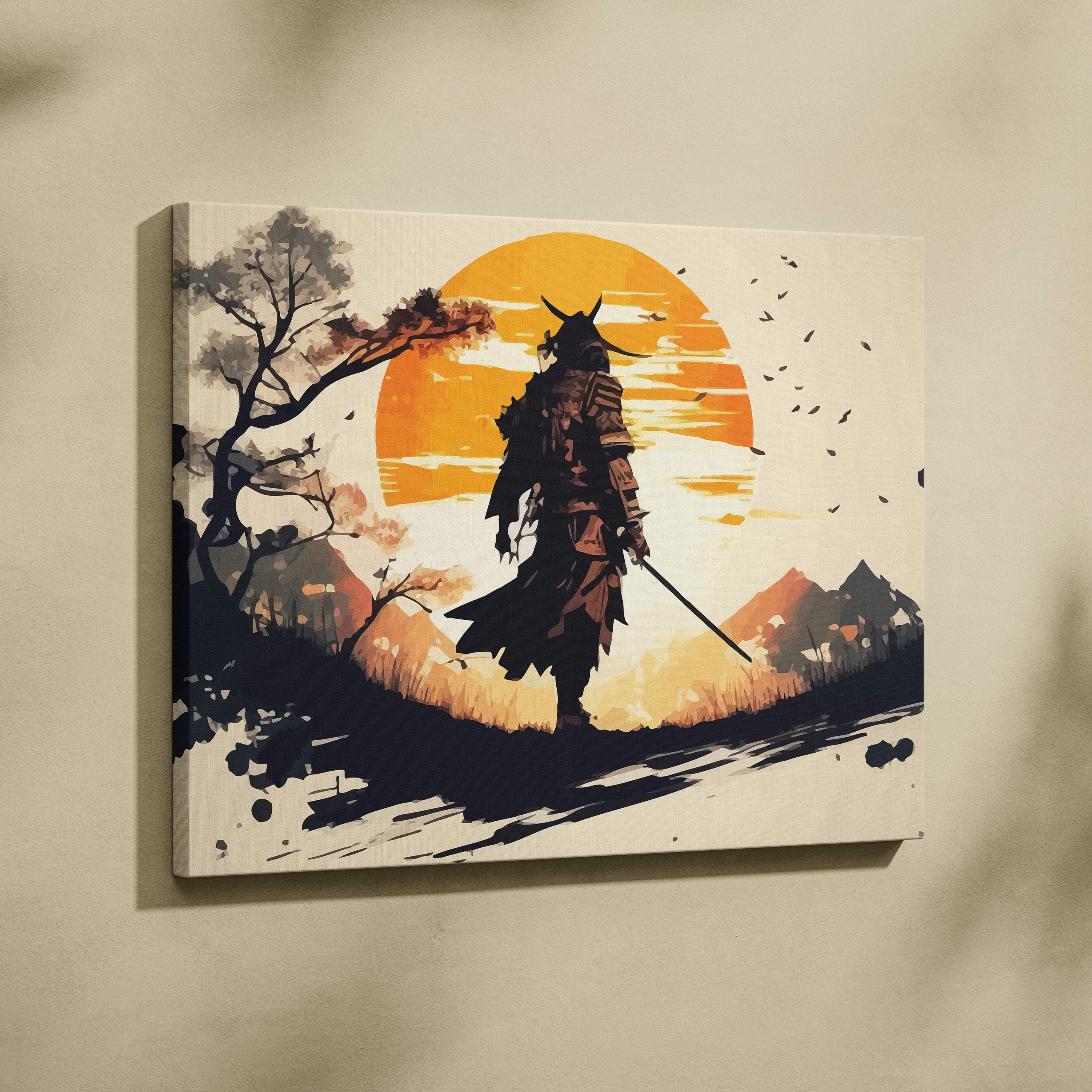 Framed samurai sunset canvas wall art print featuring dark armored warrior silhouette with black ink trees and mountains on cream