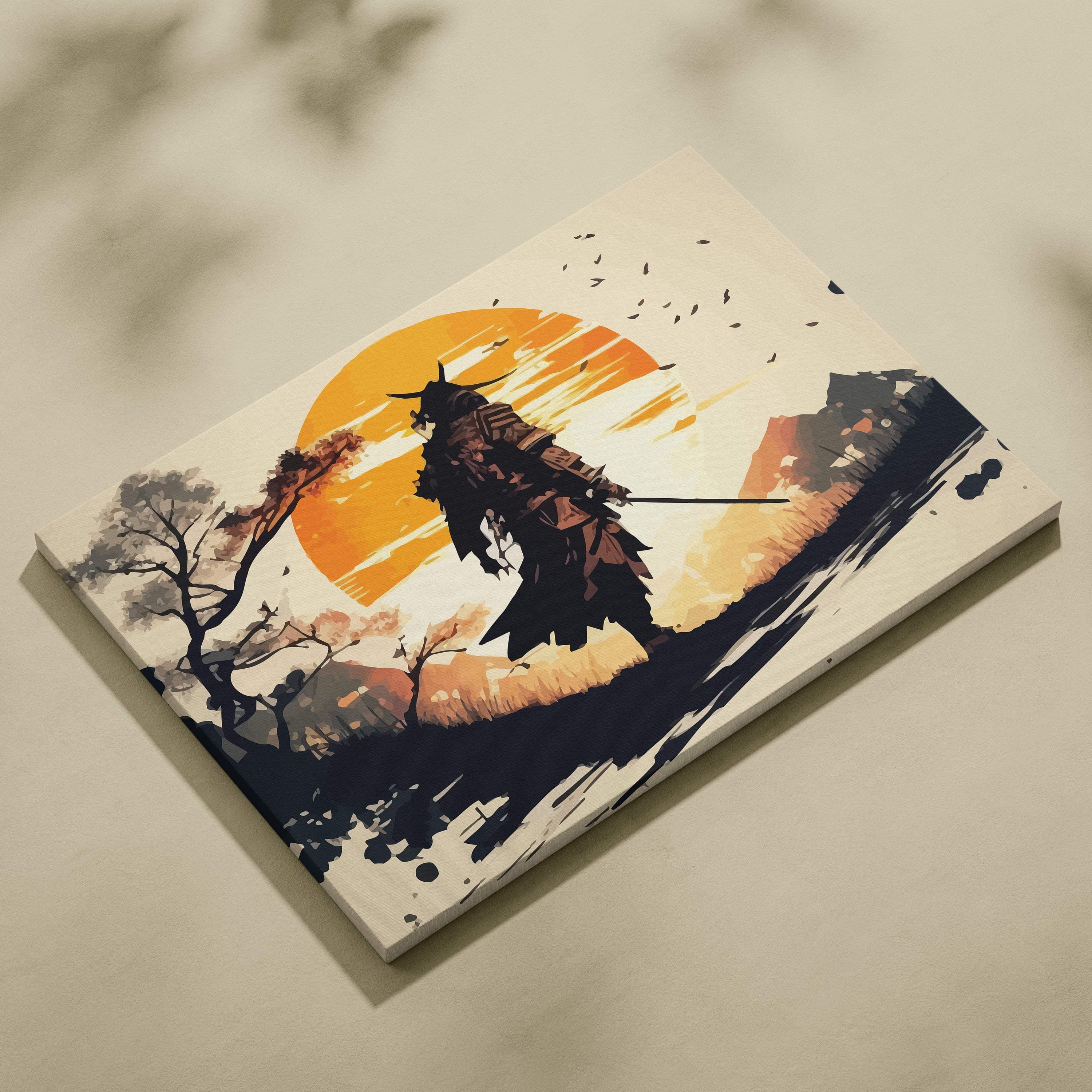 Stylized canvas print of a black samurai silhouette against an orange sun in bold ink wash for martial arts decor