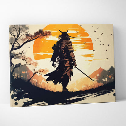 Samurai sunset canvas wall art print of a dark armored Japanese warrior silhouette against an orange sunset