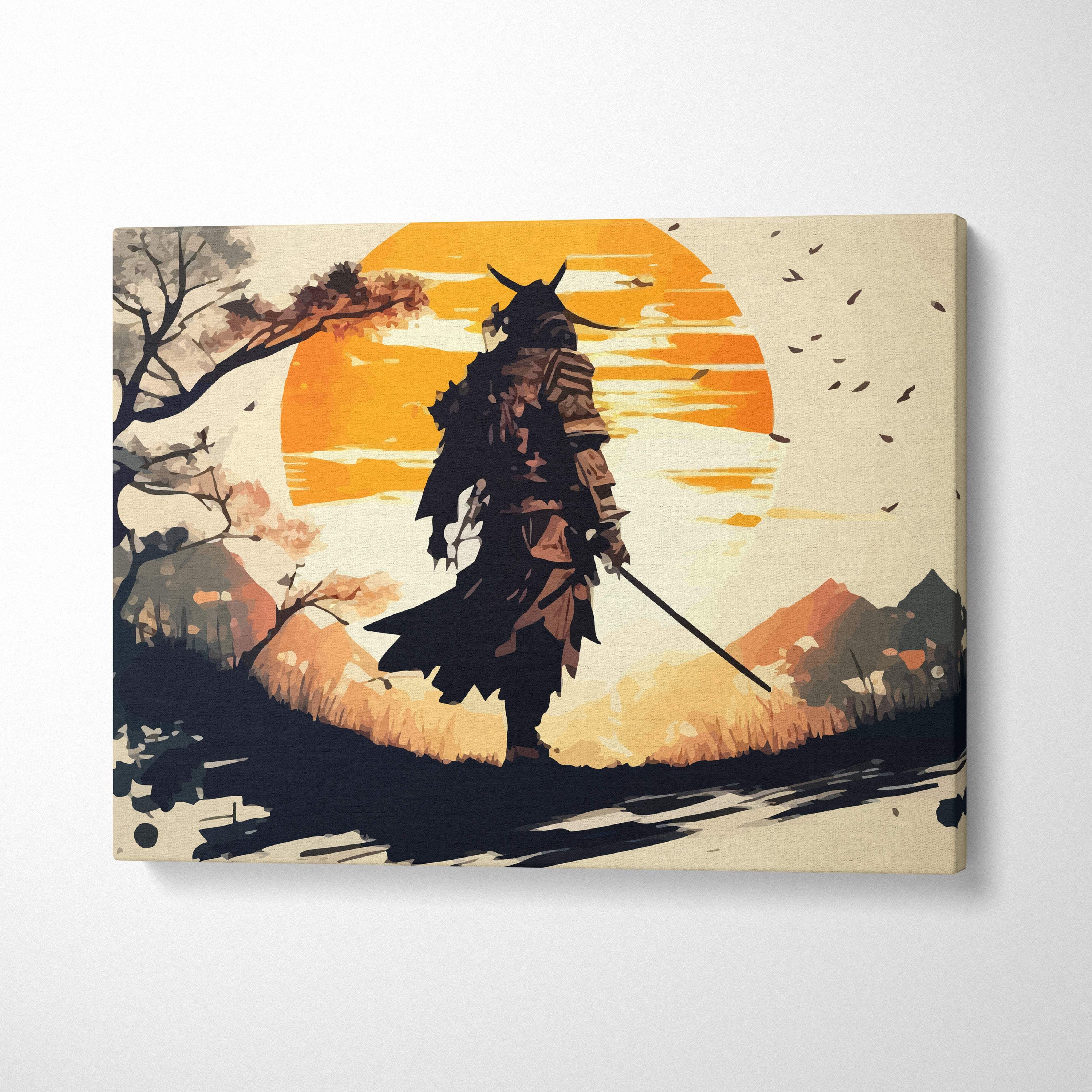 Samurai sunset canvas wall art print featuring a dark armored samurai silhouette against an orange sunset background